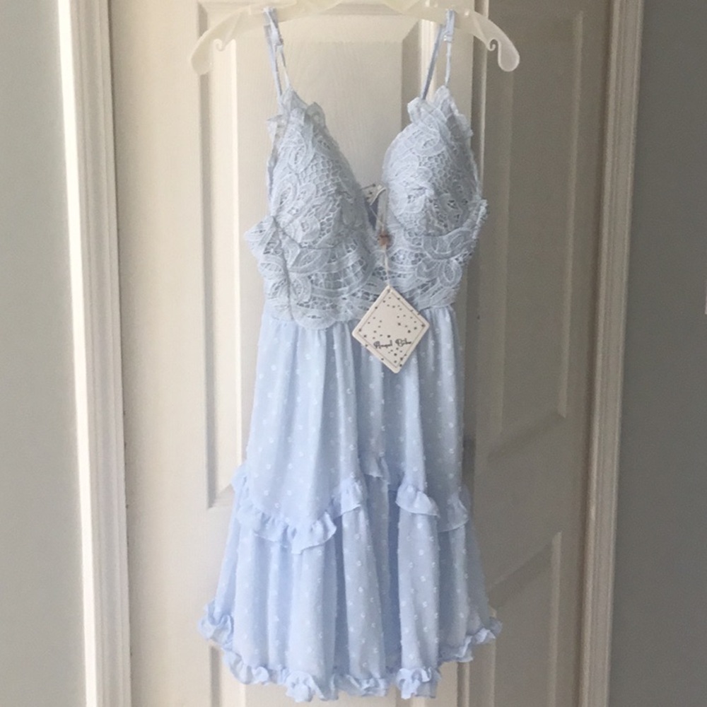 NWT Angel Biba Womens Deep V Neck Crochet Bust Swiss Dot Mini Dress Size XS Blue